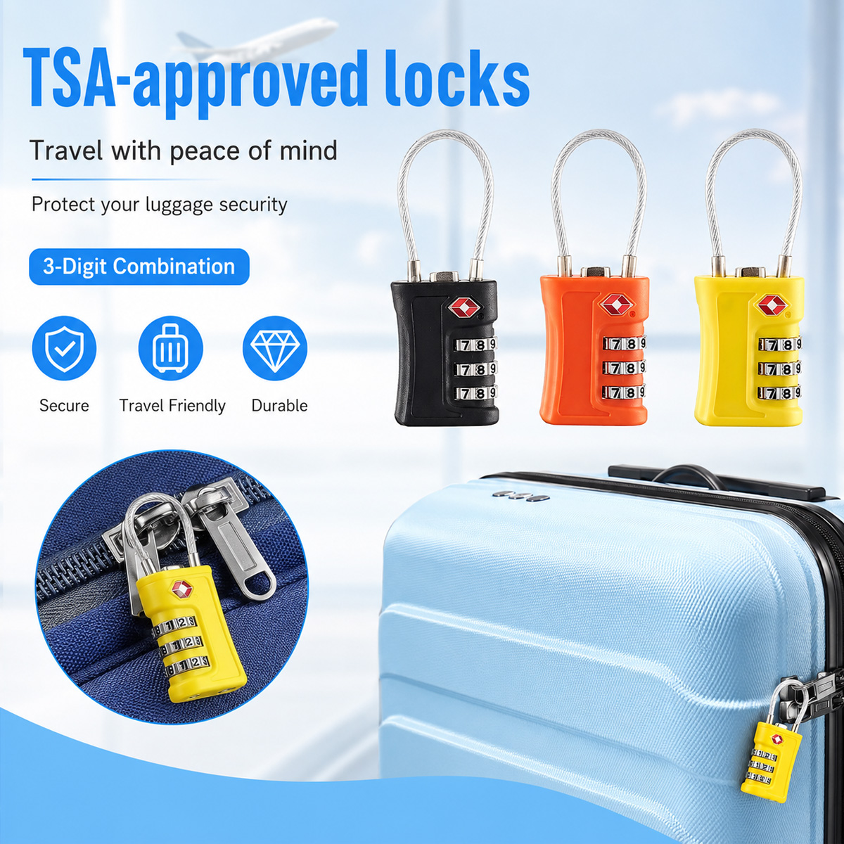 Cable Lock Combination - قفل أمتعة معتمد من TSA، قفل